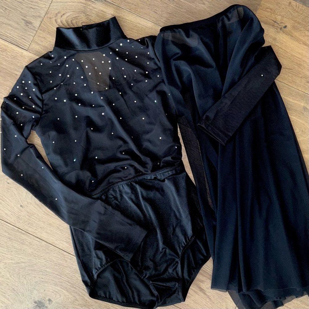 Weissman Black Dance Costume rhinestone sheer leotard + flowy long skirt medium